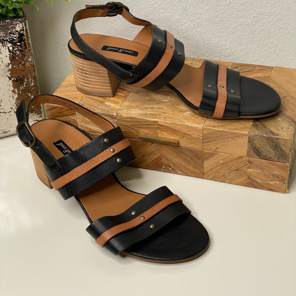 Paul Green Vicky Black &‎ Tan Leather  Sling Back Block Heel Sandals, 5.5UK/8US